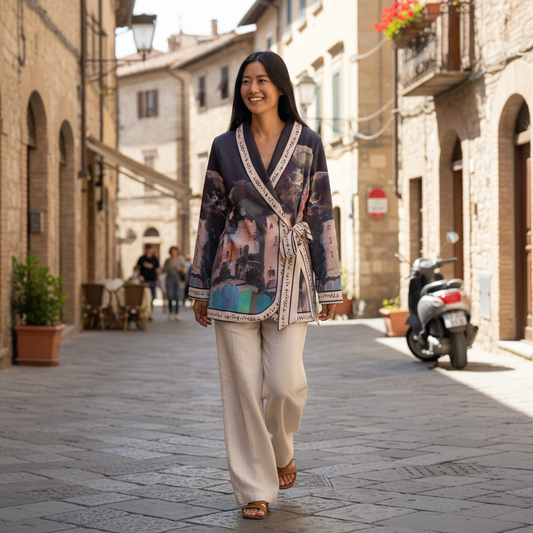 Italian Brushed Suede Feel - Tie Wrap Jacket - BLACK - Watercolor Print