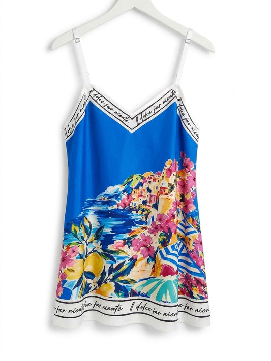 Positano Bloom - Italian Silk Long Tank Top - ELECTRIC BLUE