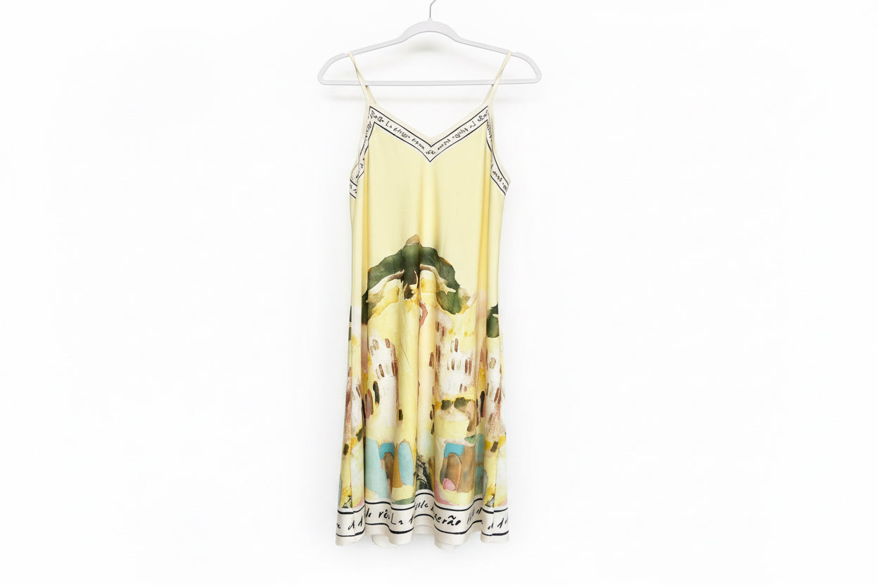 Midi Length Butter Yellow Italian Silk Dress, Made in Italy O/S