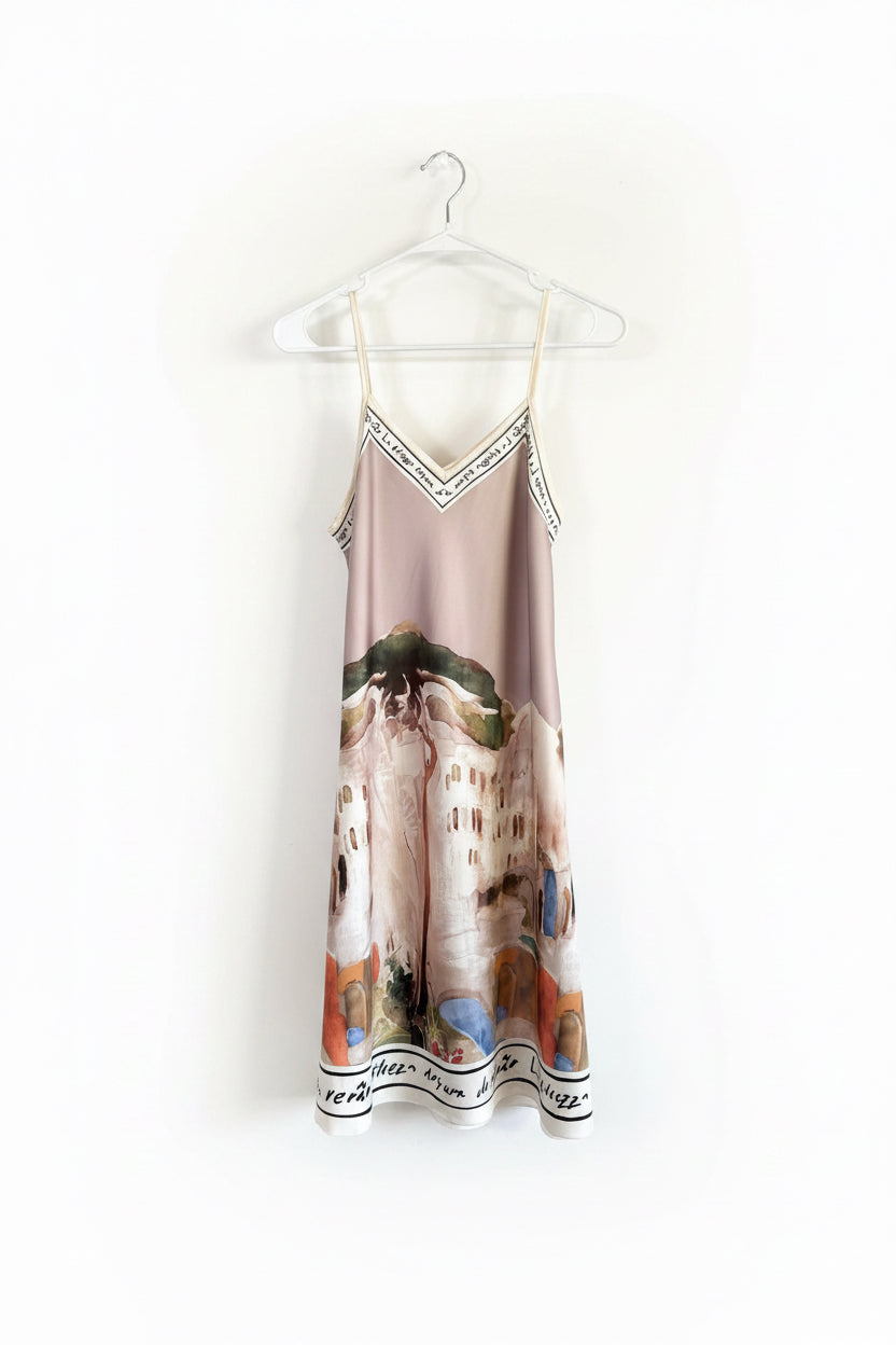 Mid Length Silk/Viscose TAUPE Watercolour Dress-Made in Italy- O/S