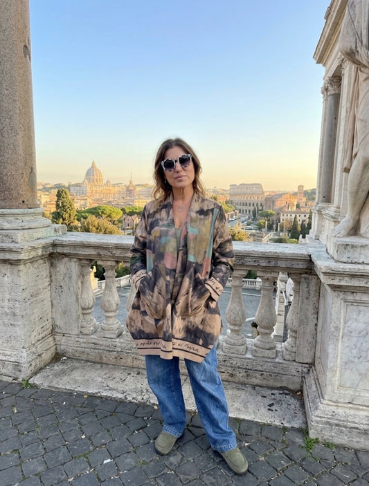 Italian Relaxed Fit Cardigan - BLACK - Watercolor Abstract Print