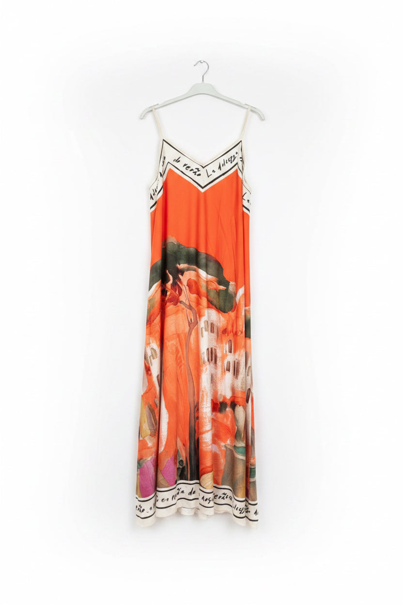 O/S Italian Silk/Viscose Spaghetti Strap Women’s Maxi Dress -SAFFRON (ORANGE) Watercolour print, Made in Italy