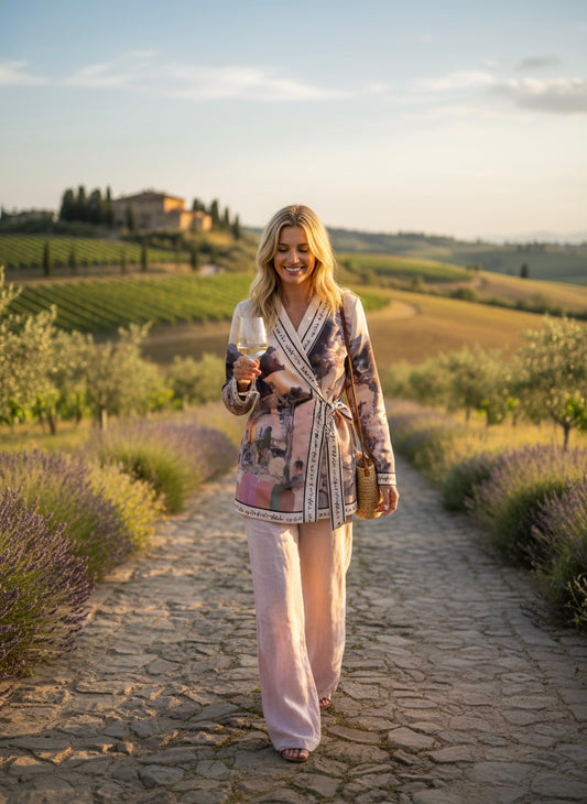 Italian Brushed Suede Feel - Tie Wrap Jacket - CREAM - Watercolor Print