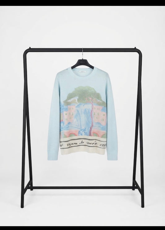 Italian Luxury Knit Sweater - BABY BLUE - Wool/Cashmere - Watercolor Print