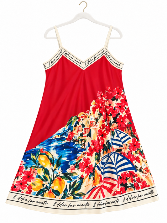 Positano Bloom Italian Silk Mid-Length Dress-Red