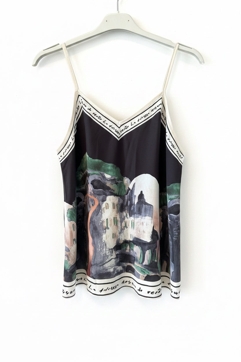 O/S - Italian Watercolour Women’s Pant & Spaghetti Strap Tank Top Set- BLACK - Viscose/ Polyester blend, Made in Italy