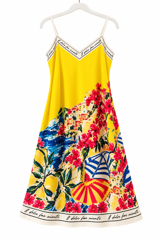 Positano Bloom Italian Silk Mid-Length Dress-Yellow