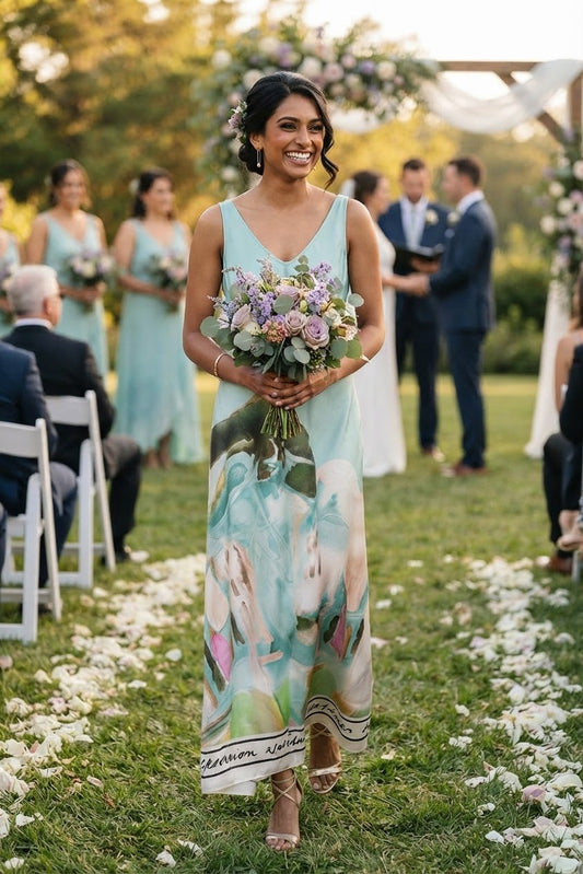 Italian Silk WIDE STRAP V - Maxi Dress - TURQUOISE - Watercolor Print