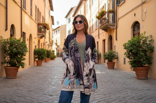 Italian Relaxed Fit Cardigan - BLACK - Watercolor Print