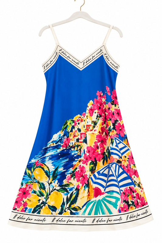 Positano Bloom Italian Silk Mid-Length Dress-Electric Blue