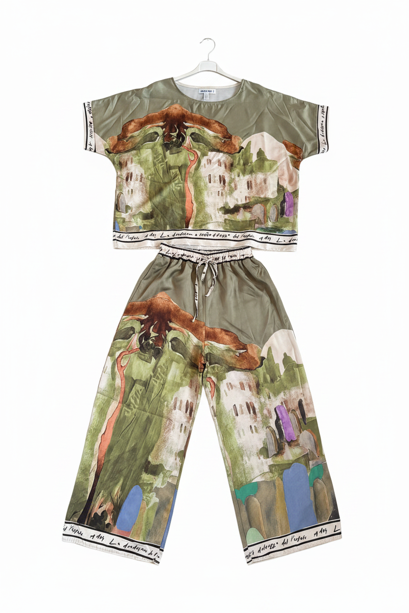 O/S - Italian Watercolour Women’s Pant & Oversized Relaxed Top Set- OLIVE - Viscose/ Polyester blend, Made in Italy