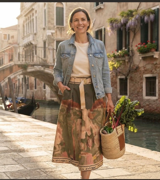 Italian Midi Skirt with Belt & Pockets - DARK OLIVE - Watercolor Print