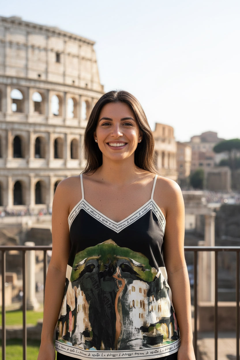 Italian Watercolour Print Silk Babydoll Tank - Black