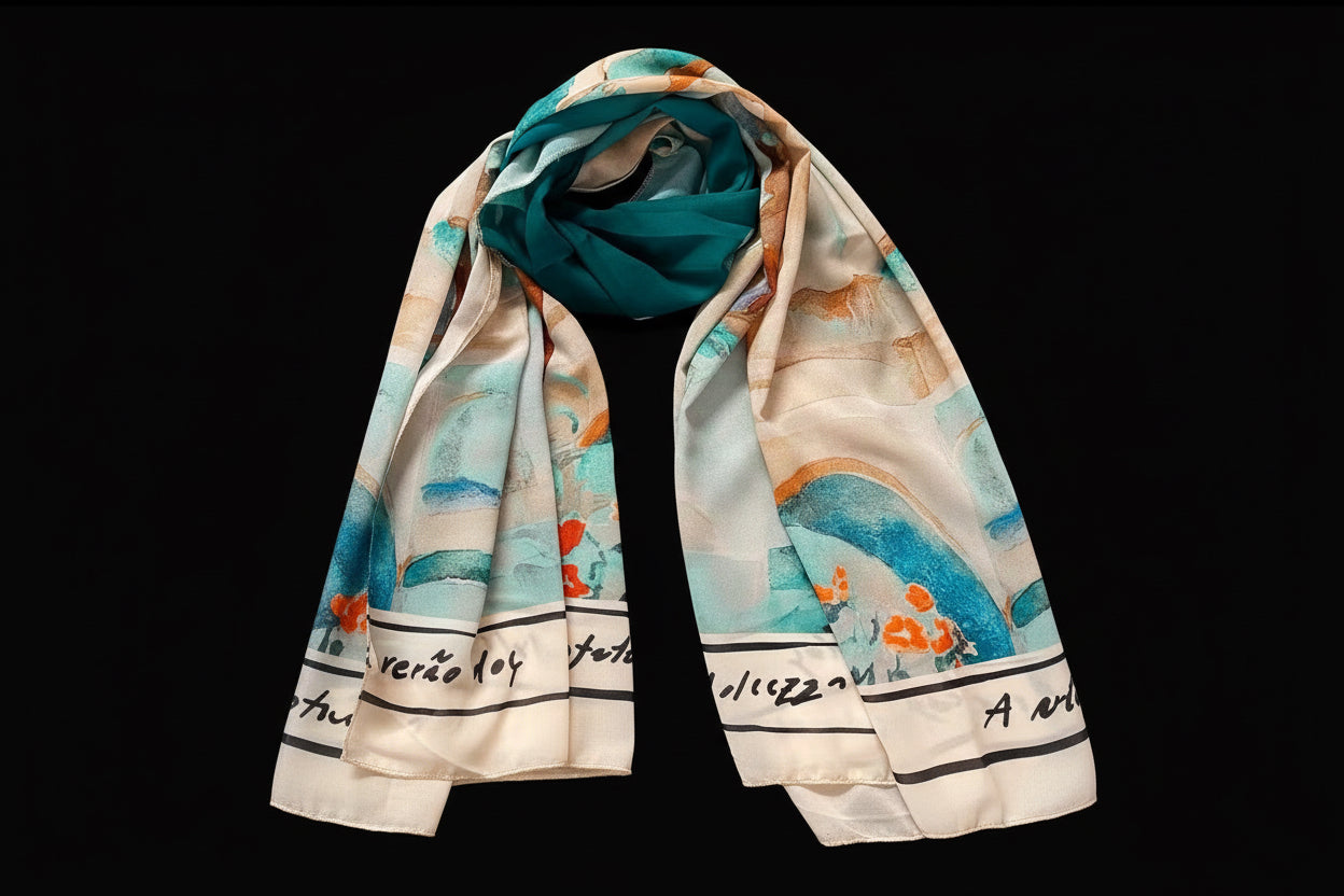 Watercolour Print Scarf-WHITE & TEAL