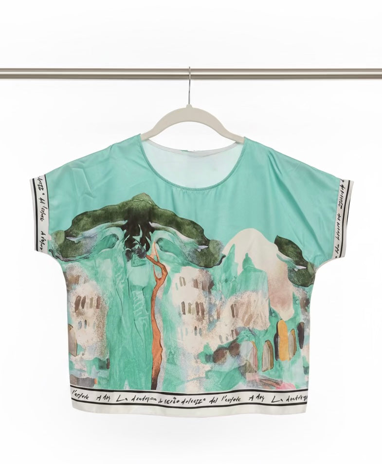 Relaxed Fit Watercolor Top- TURQUOISE - Viscose/Polyester blend, Made in Italy, O/S