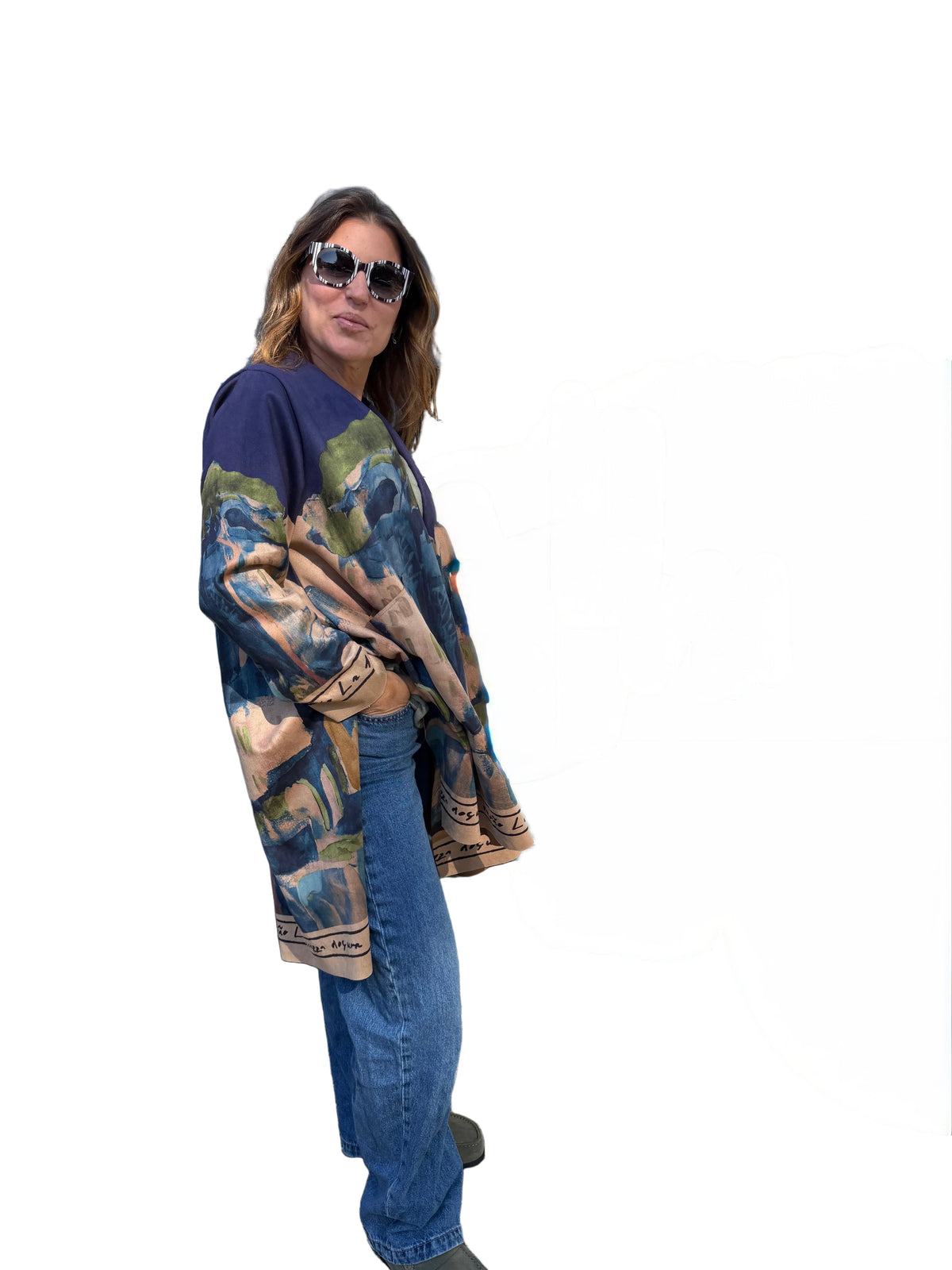 Italian Landscape Watercolor Print Relaxed Fit Cardigan - NAVY