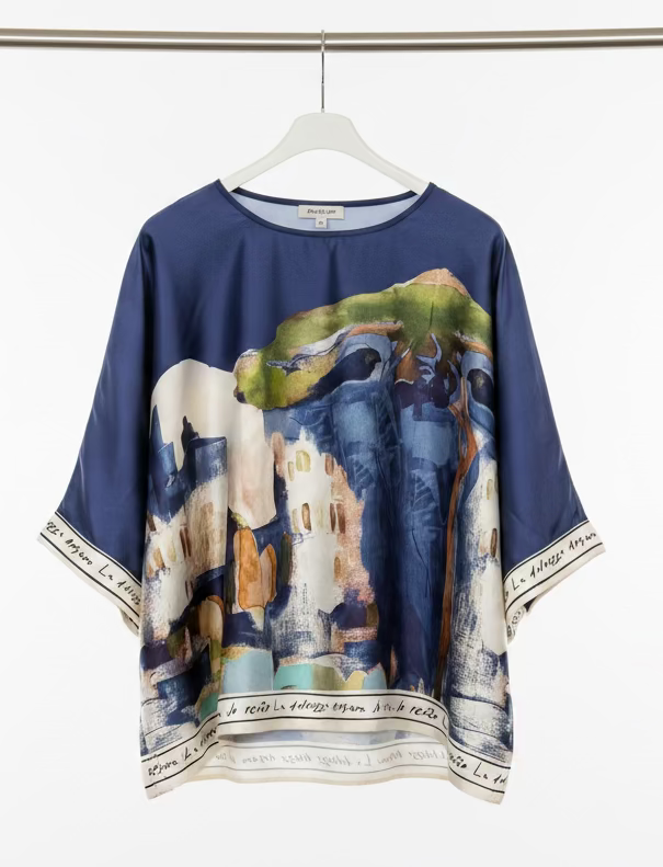 Relaxed Fit Watercolor Top- NAVY BLUE - Viscose/Polyester blend, Made in Italy, O/S