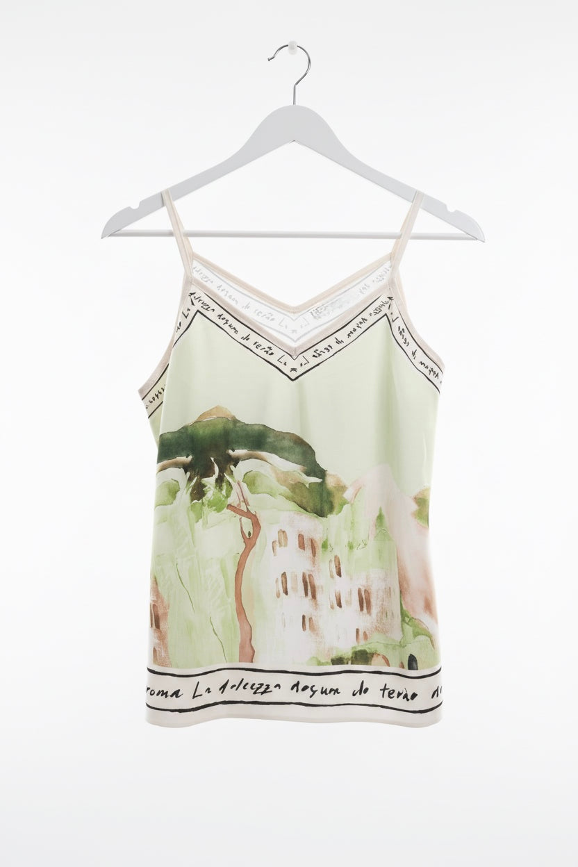 Short Italian Watercolour Print Silk Tank - Lime Green