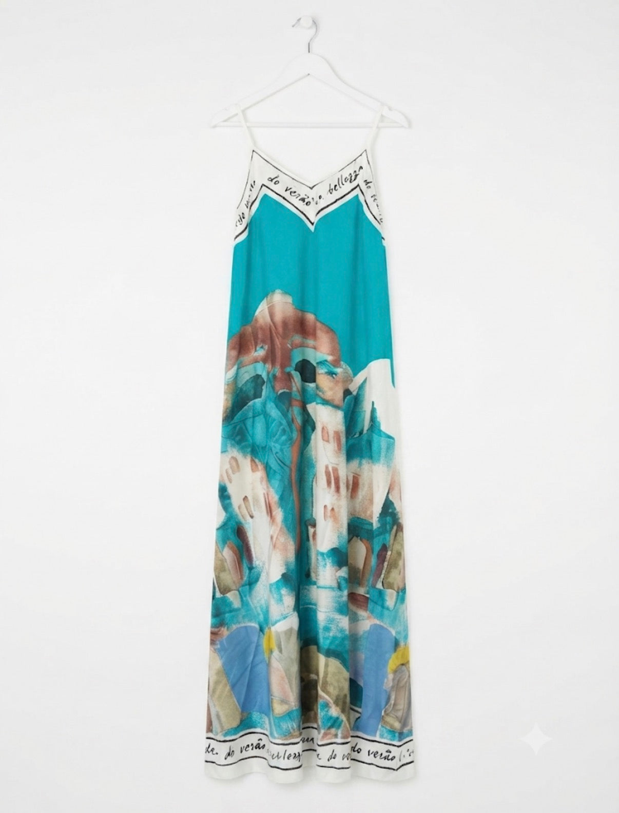 Italian Silk Maxi Dress - TEAL-LAGO – Watercolour print, Made in Italy, Viscose/ Silk blend - L/XL