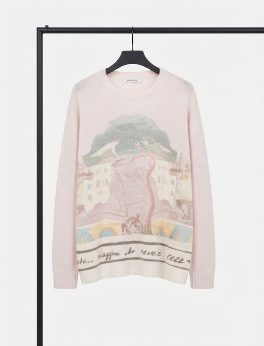 Italian Luxury Knit Sweater - TAUPE - Wool/Cashmere - Watercolor Print