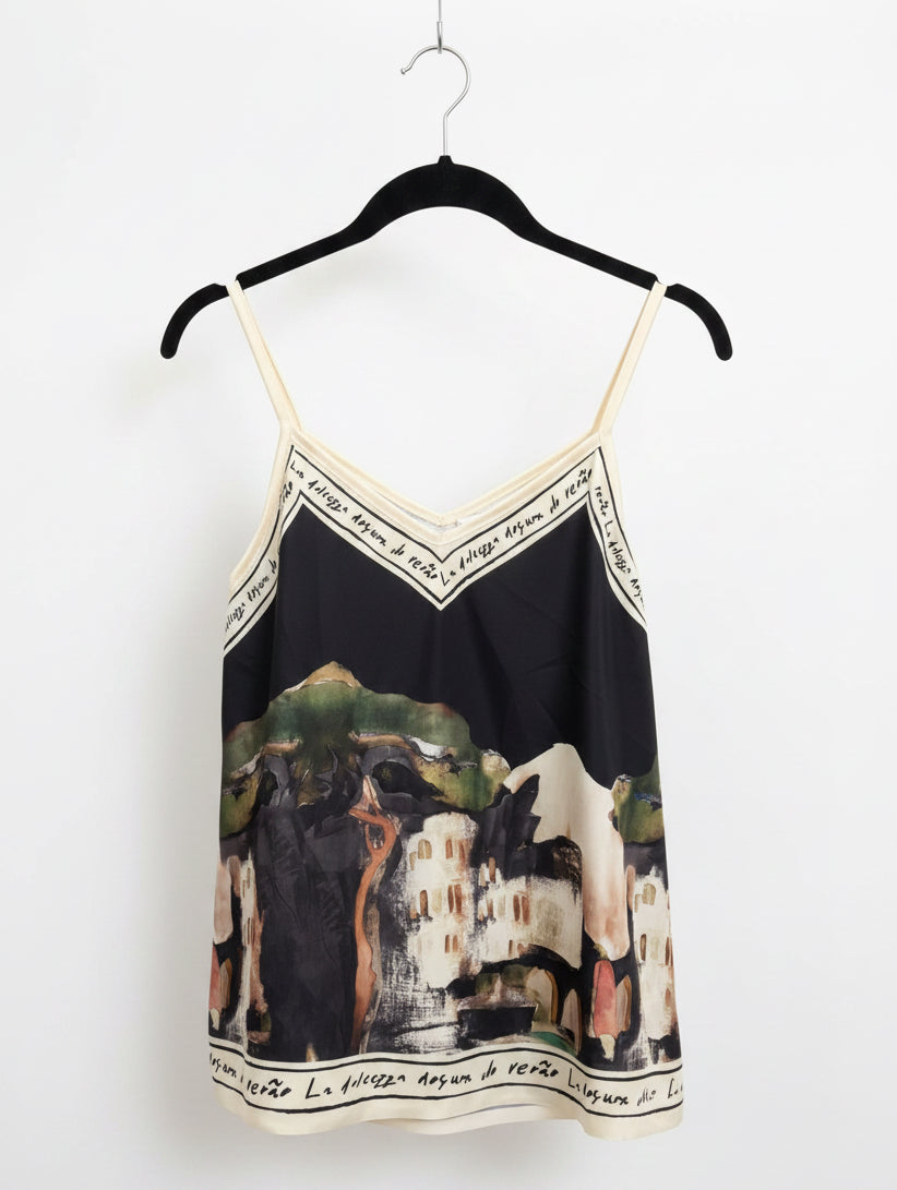 Italian Watercolour Print Tank Top - BLACK - Viscose/ Polyester blend- O/S Resortwear