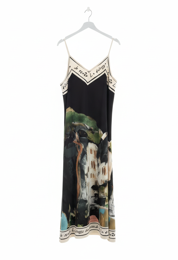 Italian Silk Maxi Dress - BLACK – Watercolour print, Made in Italy, Viscose/Silk blend - S/M