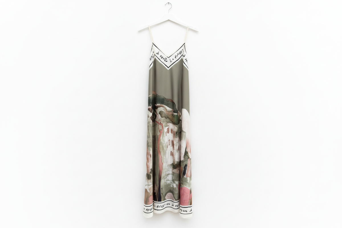 Tall Italian Silk Women's Spaghetti Strap Maxi Dress - OLIVE GREEN – Watercolour print, Made in Italy, Italian Viscose/Silk Woven Fabric- LG/XL
