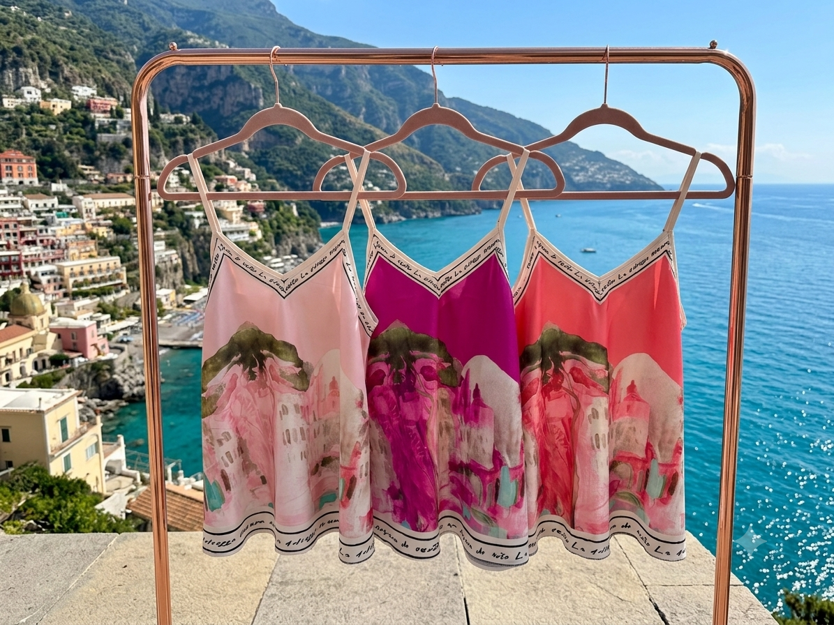 O/S-Italian Watercolour Print Women’s Spaghetti StrapTank Top- FUSCHIA PINK - Viscose/ Polyester blend-Made in Italy