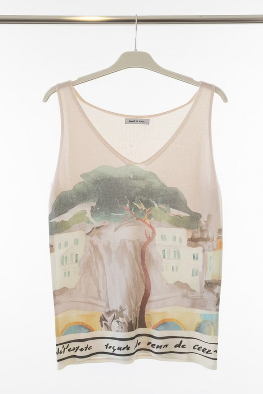 Italian Knitted Tank Top - CREAM - Soft Viscose - Watercolor Print