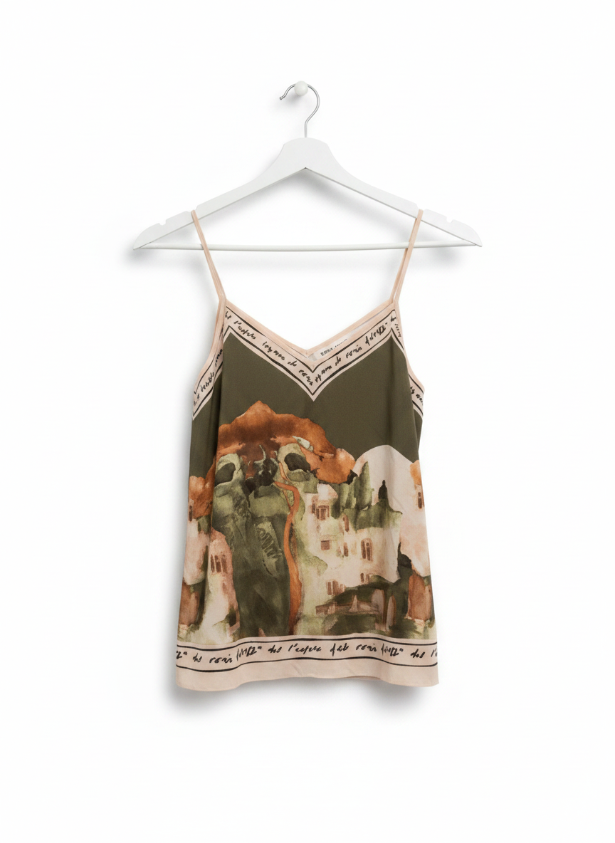 Italian Watercolour Print Tank - Deep Olive Green Polyester