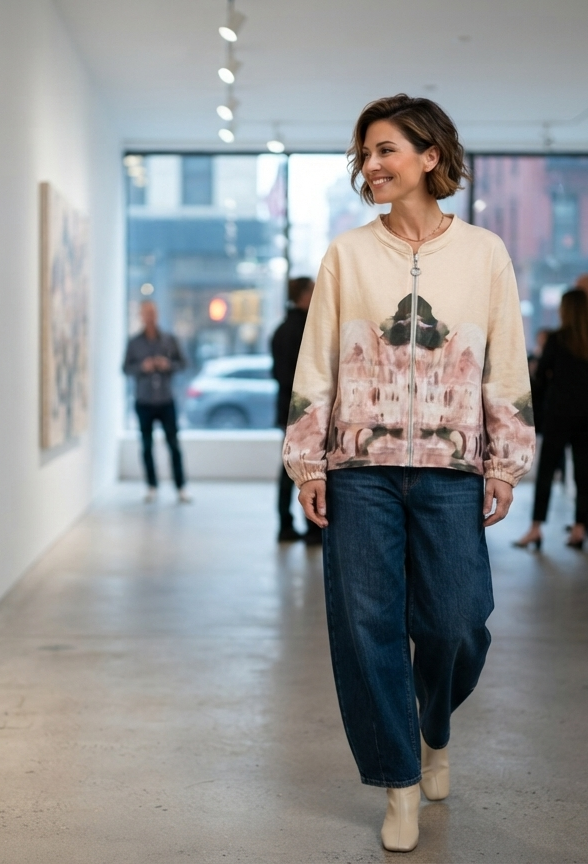 Soft Italian Zip-Up Jacket - CREAM - Watercolor Print