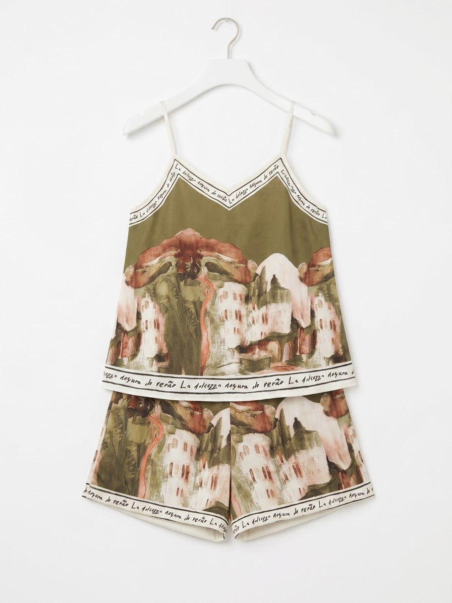 Italian Silk Watercolour Print Tank and Shorts with pockets- Dark Olive Green