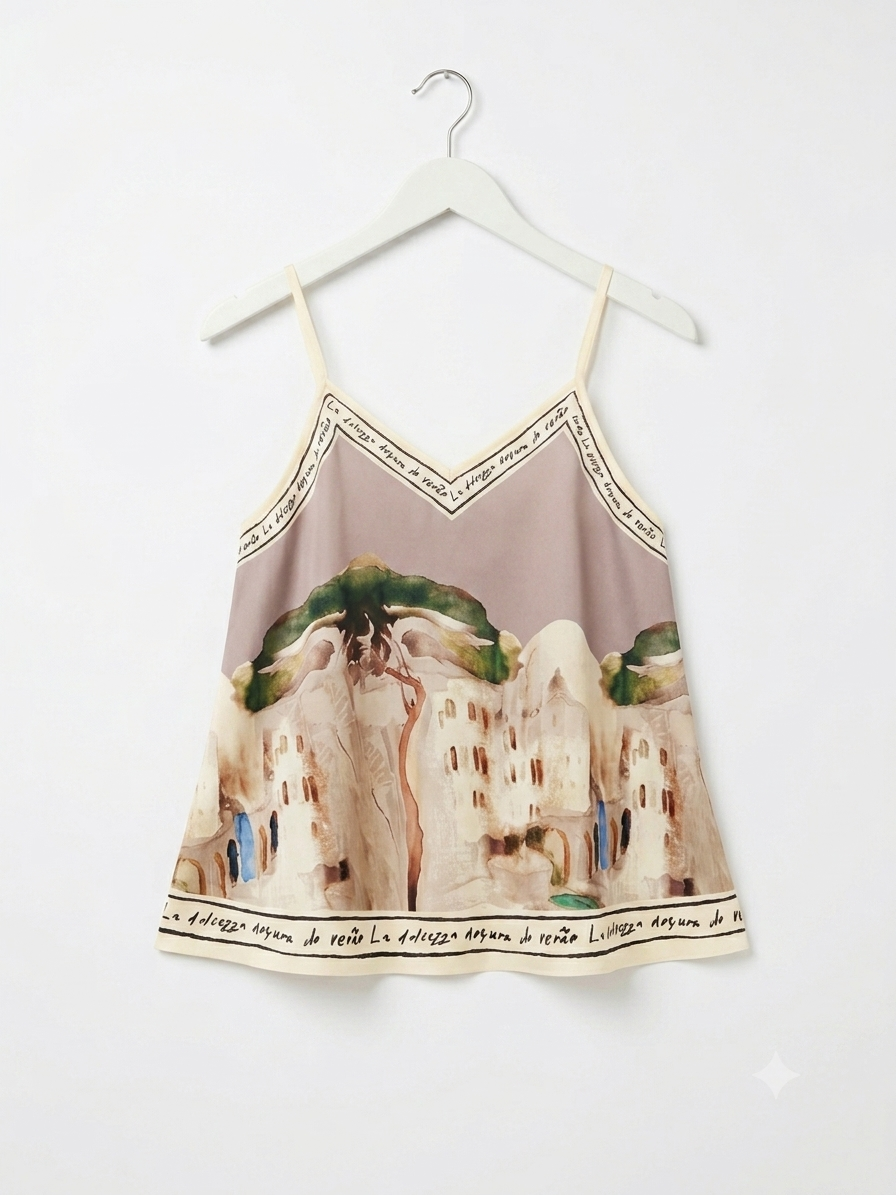 Italian Silk Watercolour Print Tank - TAUPE