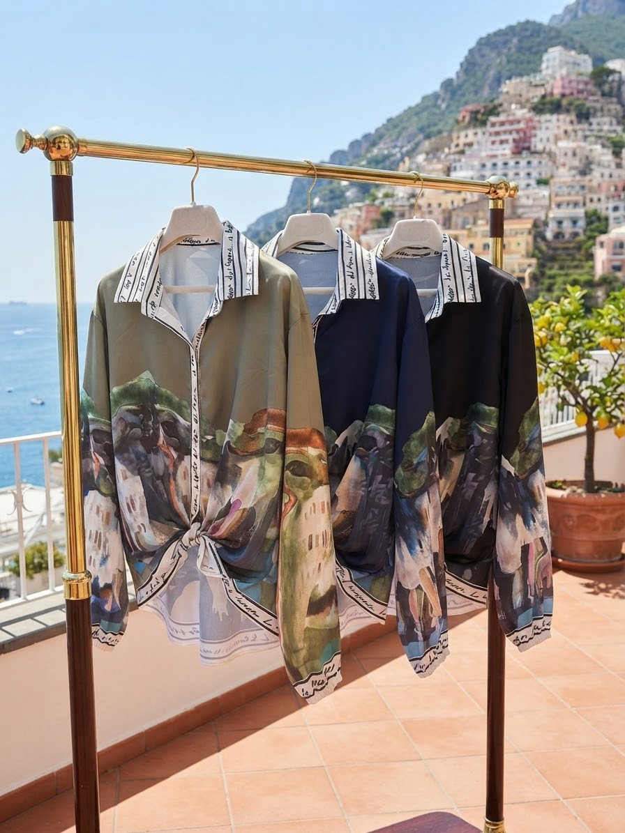 Made in Italy Blouse - Watercolor Print, Tie-Front with High Collar Chic -OLIVE GREEN-O/S