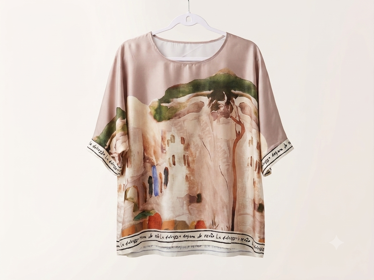 Relaxed fit Watercolour Silk/Viscose Top - TAUPE, Made in Italy O/S
