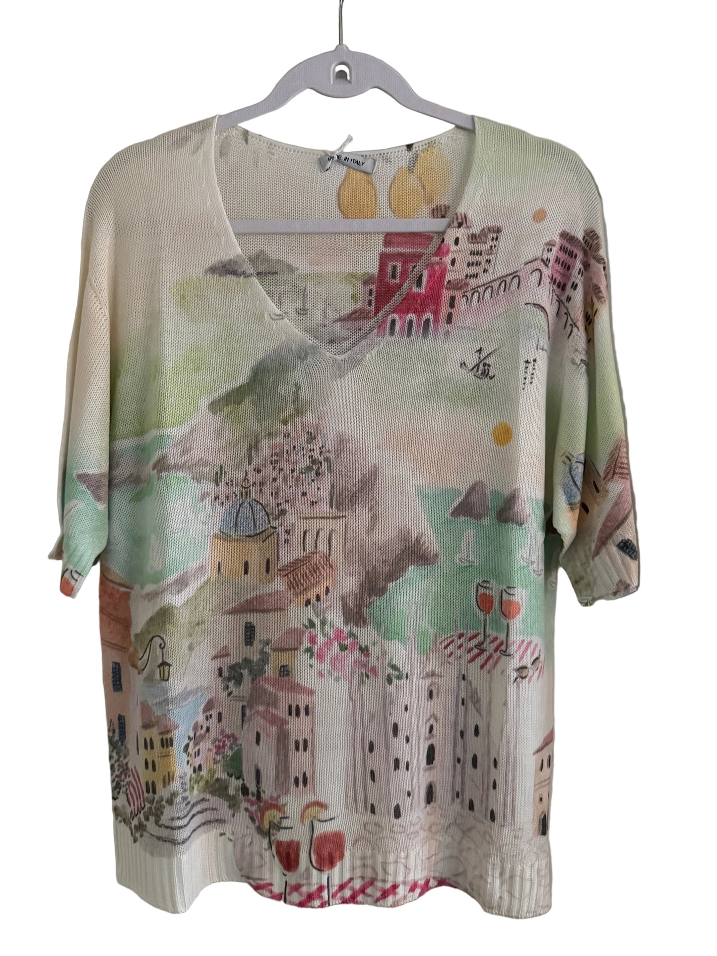 Watercolor Italian Knitted Short Sleeve Top-Green/Yellow