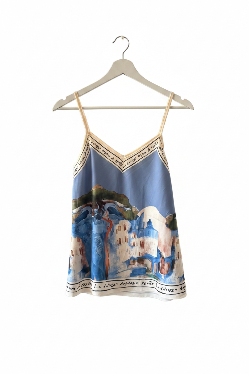 Italian Silk Watercolour Print Tank Ocean Blue