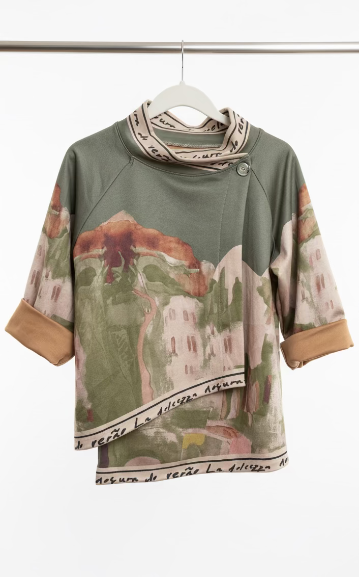 Italian Watercolour Asymmetric Brushed Suede Feel Jacket Top- OLIVE GREEN - Made in Italy Outerwear, O/S