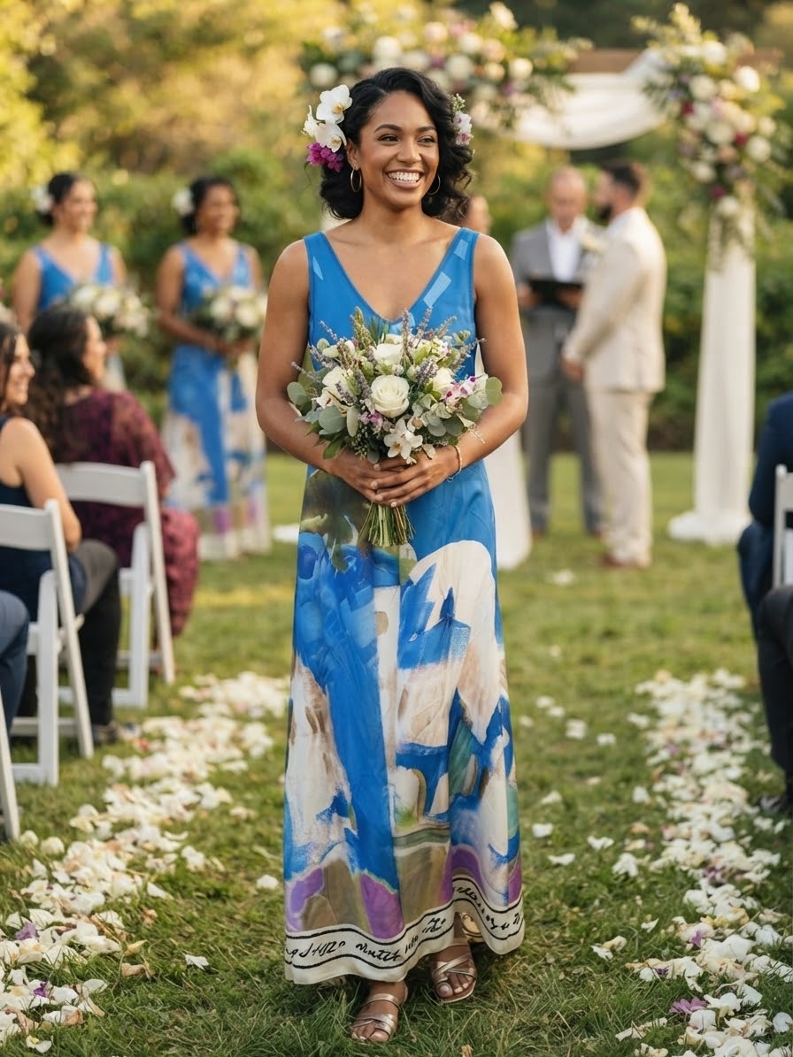 Italian Silk WIDE STRAP Maxi Dress - ELECTRIC BLUE - Watercolor Print