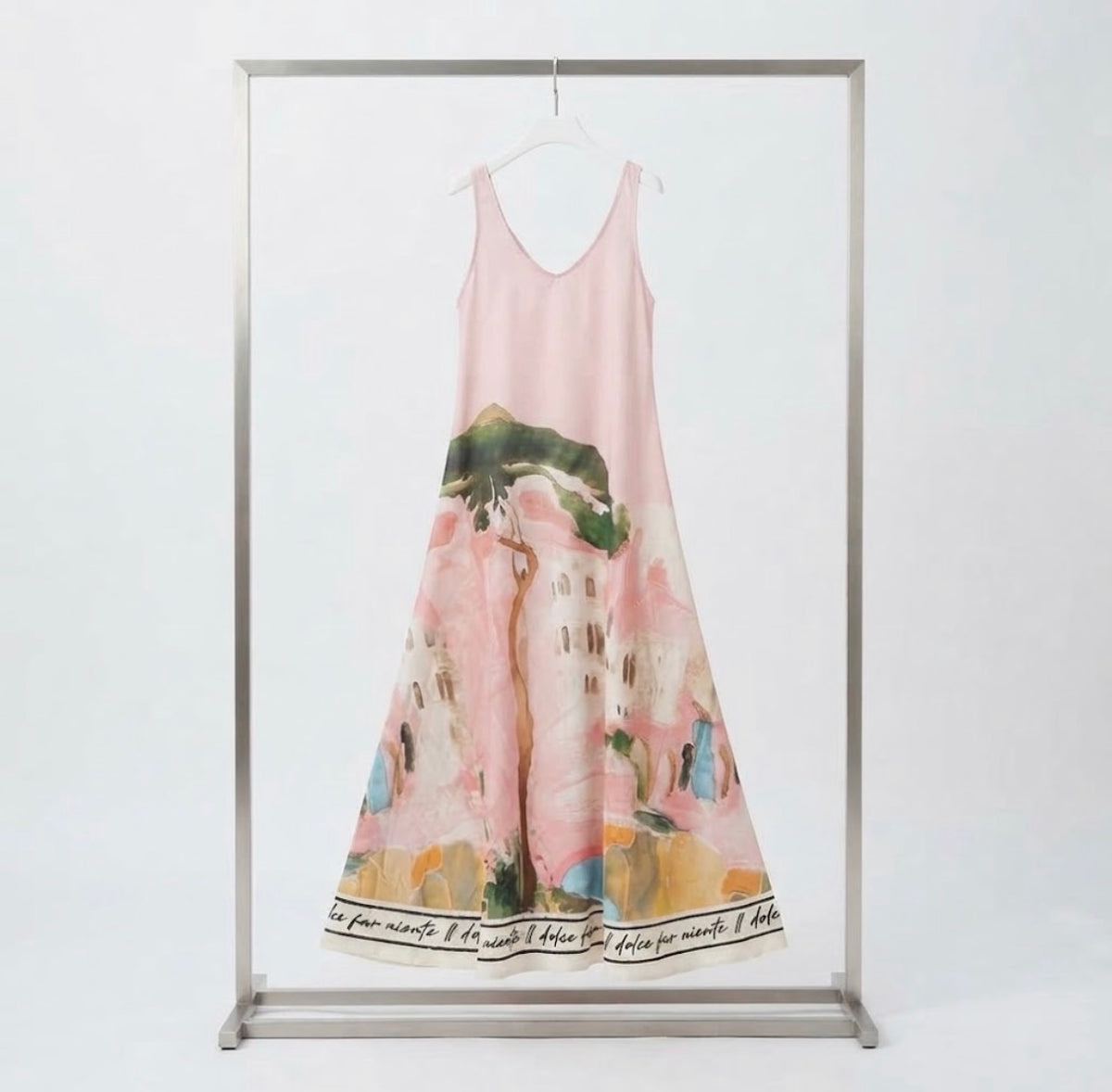 Italian Silk WIDE STRAP V-Maxi Dress - ROSE PINK – Watercolour print, Made in Italy, Viscose/Silk blend O/S “Il Dolce Far Niente”