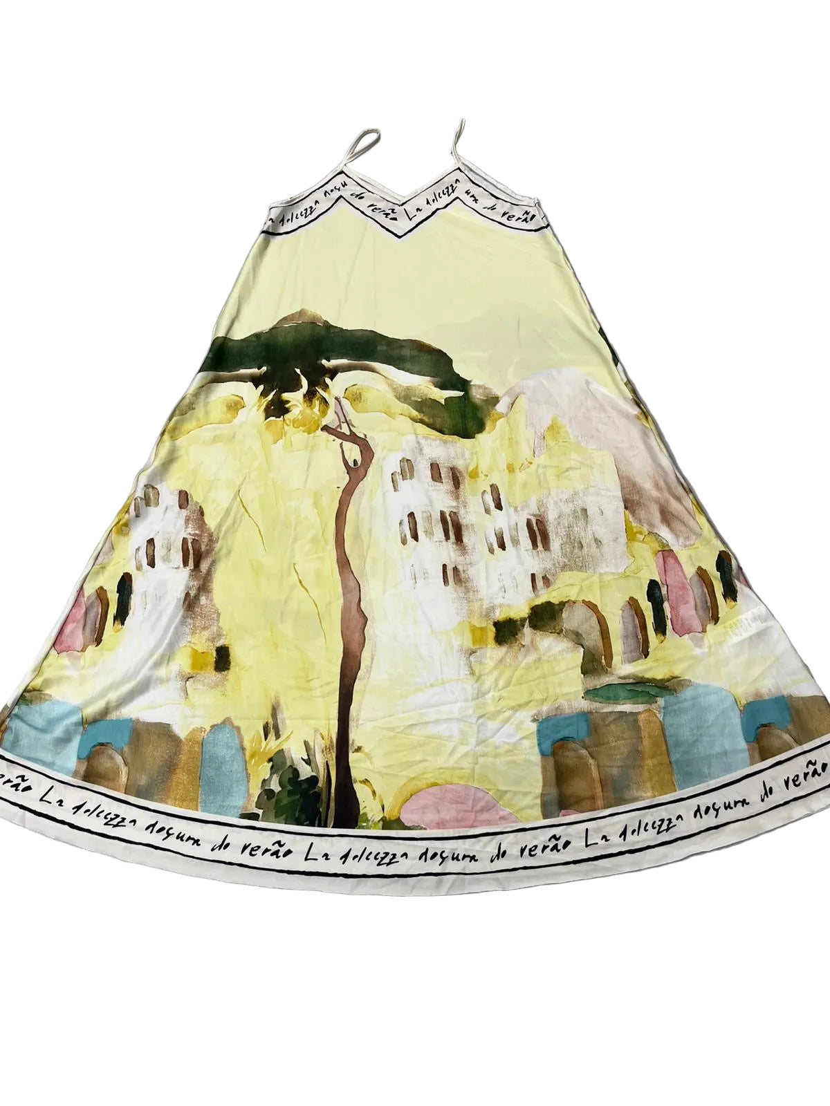 S/M Italian Watercolour Print Silk Maxi Dress - Butter Yellow