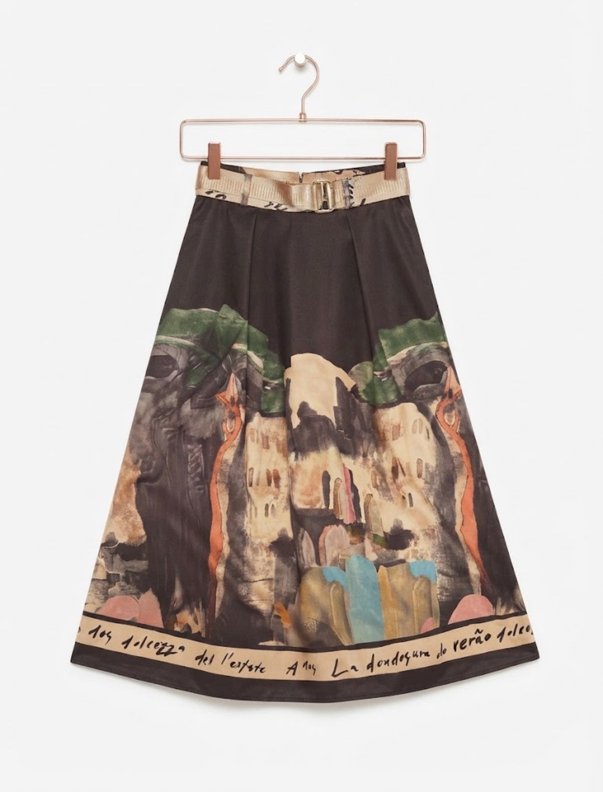 Italian Midi Skirt with Belt & Pockets - BLACK - Watercolor Print