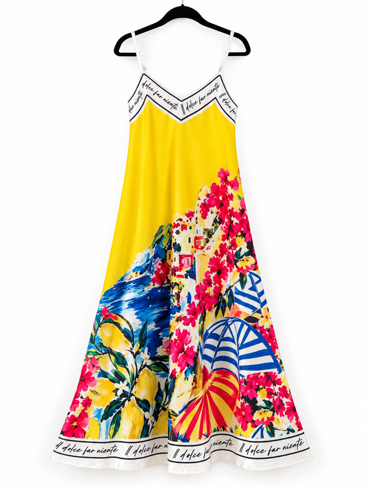 Positano Bloom Italian Silk Maxi Dress-Yellow