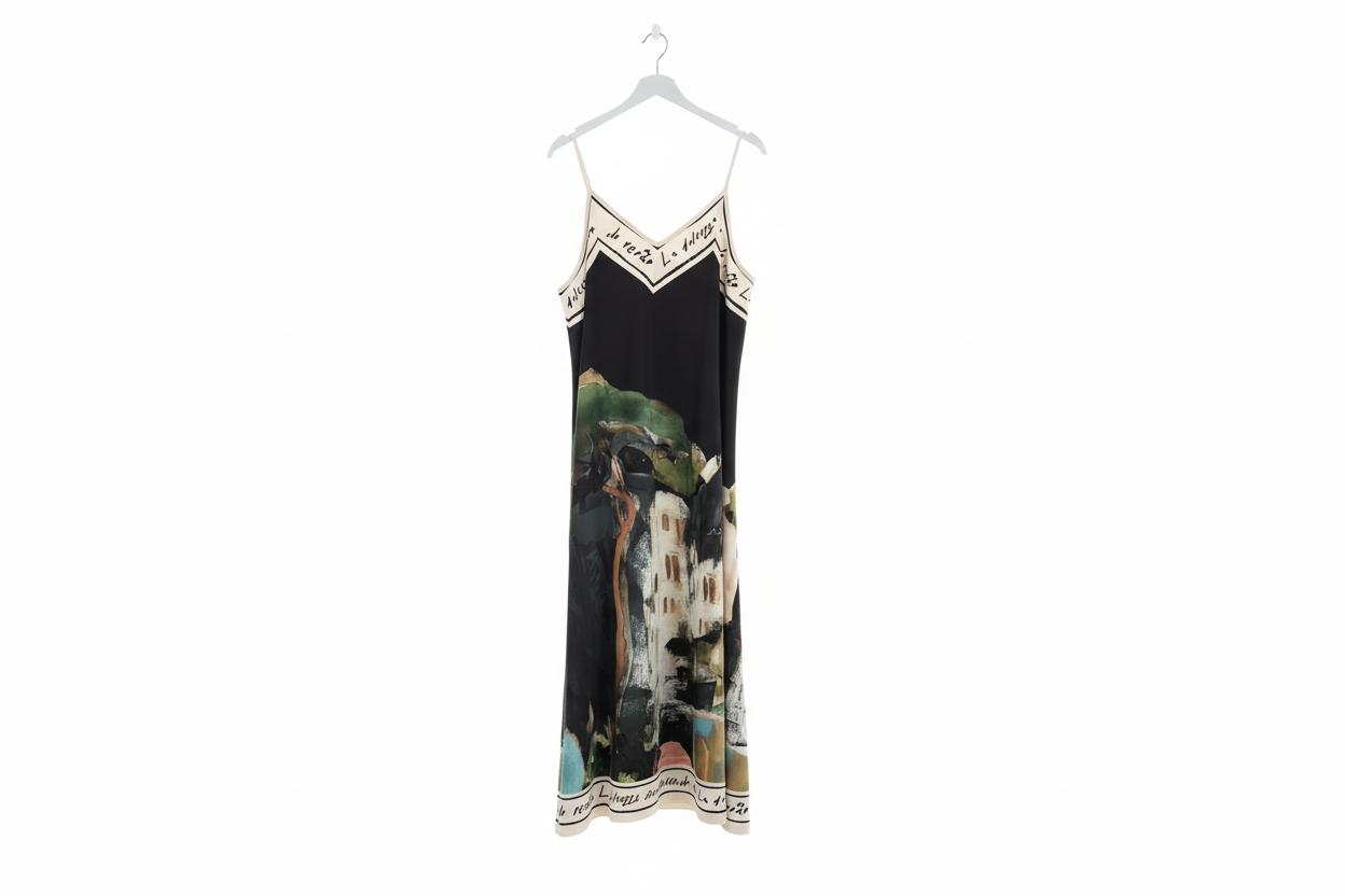 Italian Silk Maxi Dress - BLACK – Watercolour print, Made in Italy, Viscose/Silk blend O/S