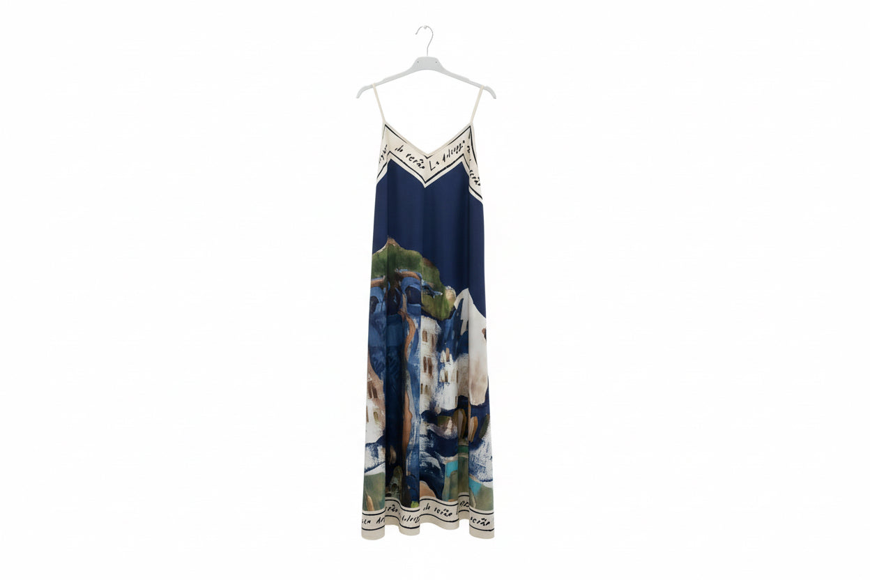 Italian Watercolour Silk Maxi Dress-Navy Blue