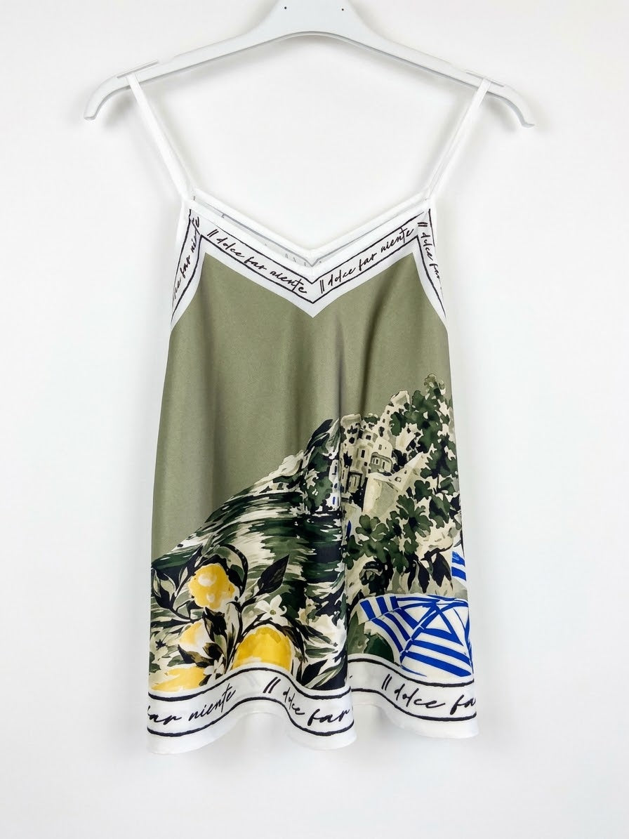 Positano Bloom - Italian Silk Short Tank Top - OLIVE GREEN