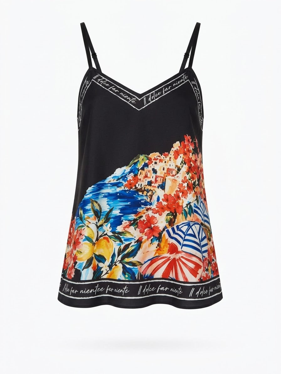 Positano Bloom - Italian Silk Long Tank Top - BLACK