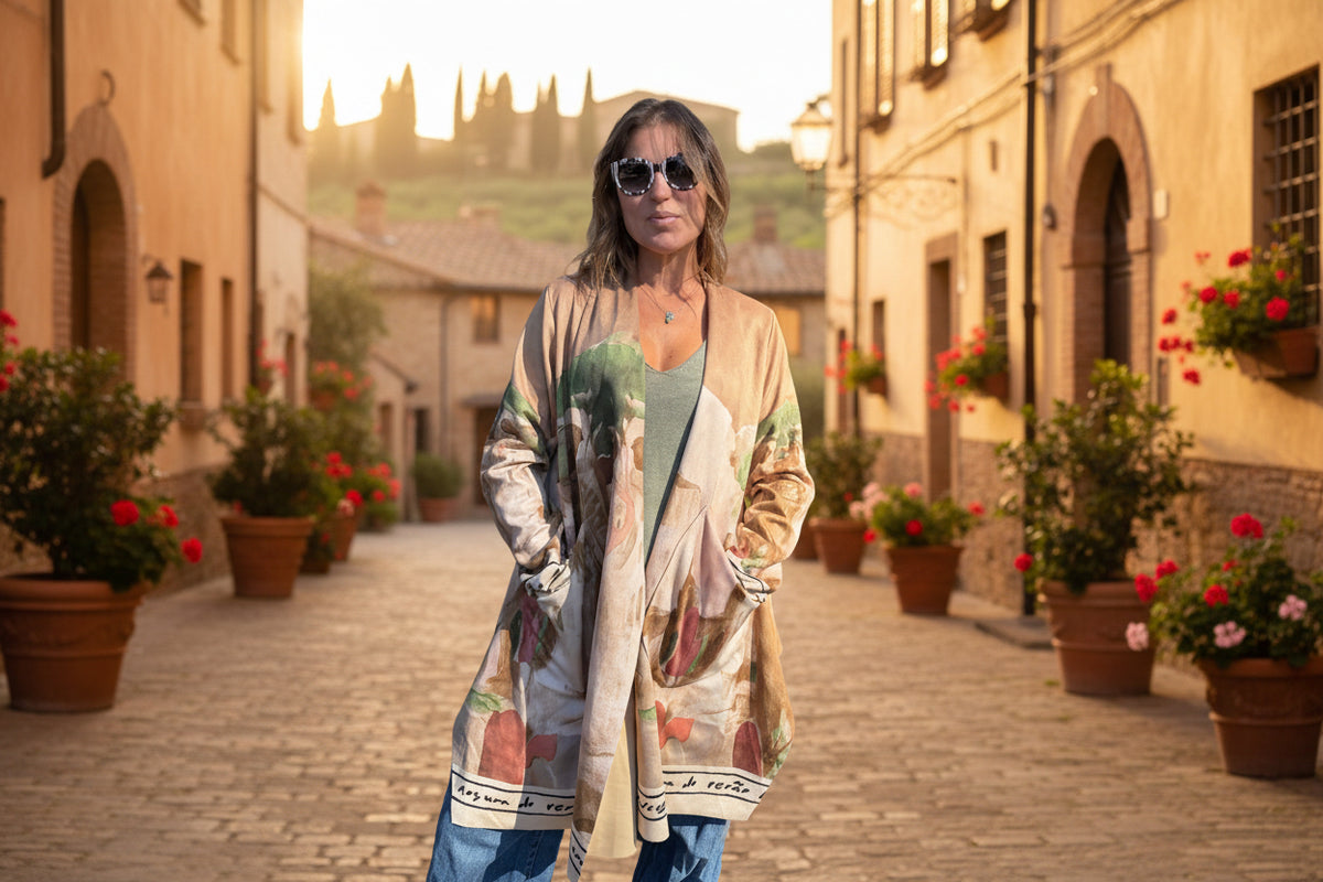Italian Landscape Watercolor Print Relaxed Fit Cardigan - GOLDEN BEIGE