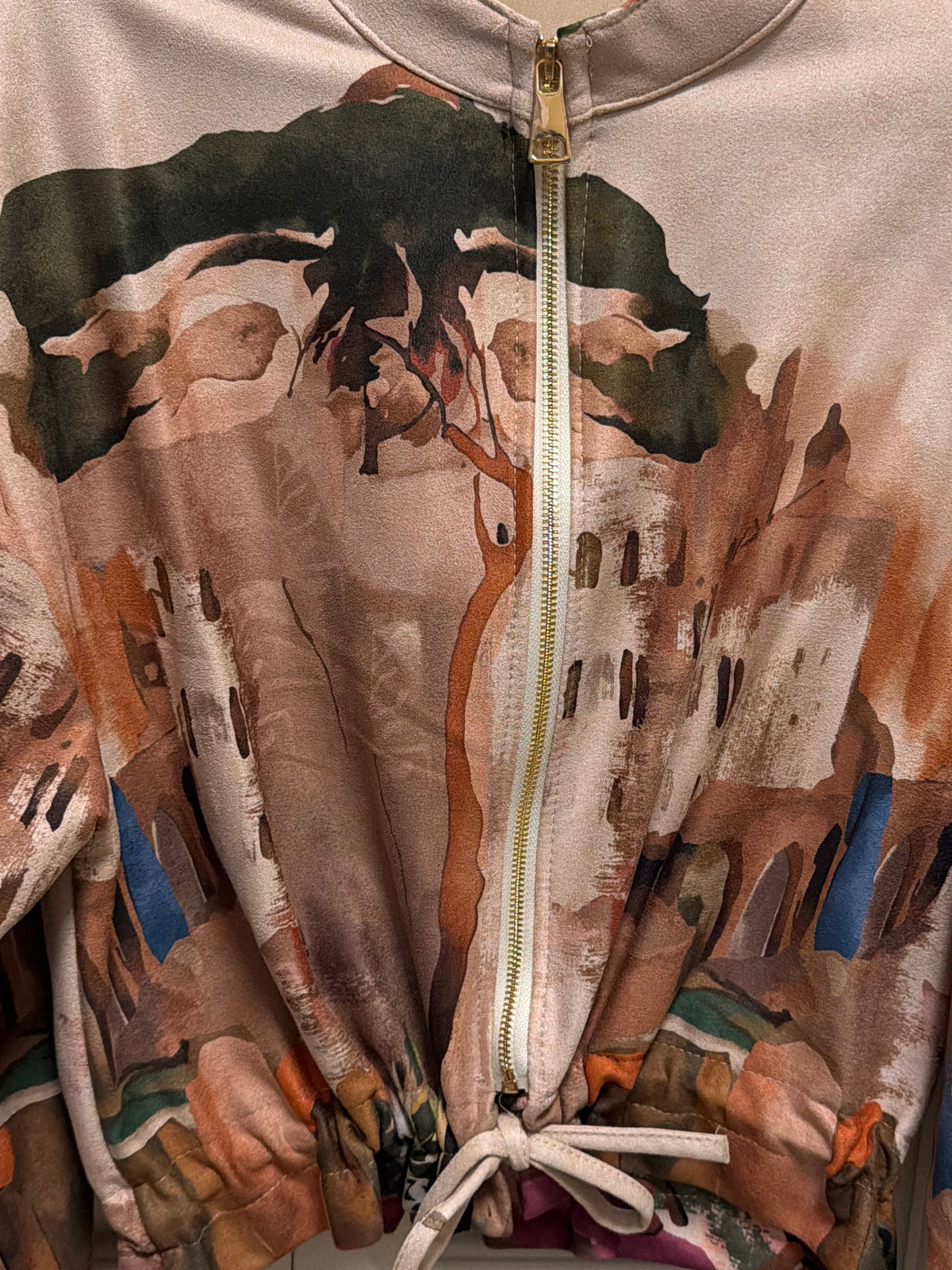 Italian Brushed Suede Feel Bomber Jacket - CREAM - Watercolor Print