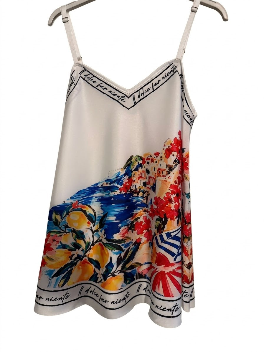 Positano Bloom - Italian Silk Long Tank Top - WHITE